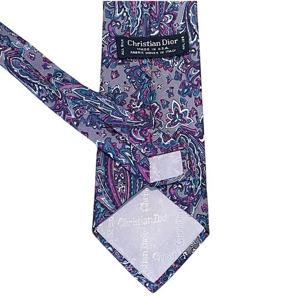 Christian Dior Gray, Purple, Blue Paisley Silk Tie, 55" Long - Picture 2 of 6